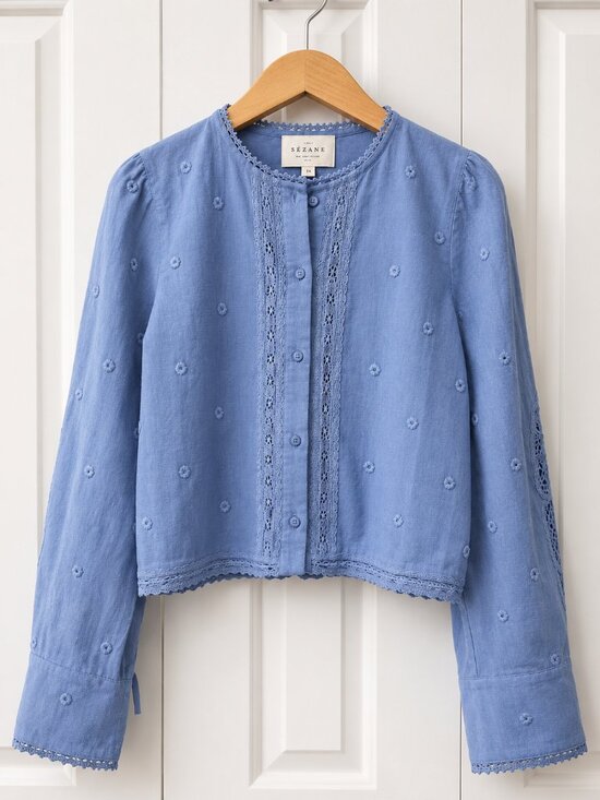 Sezane Tops - Sezane Akiraly Shirt Blue Carnation Solid Embroidery - Size 2